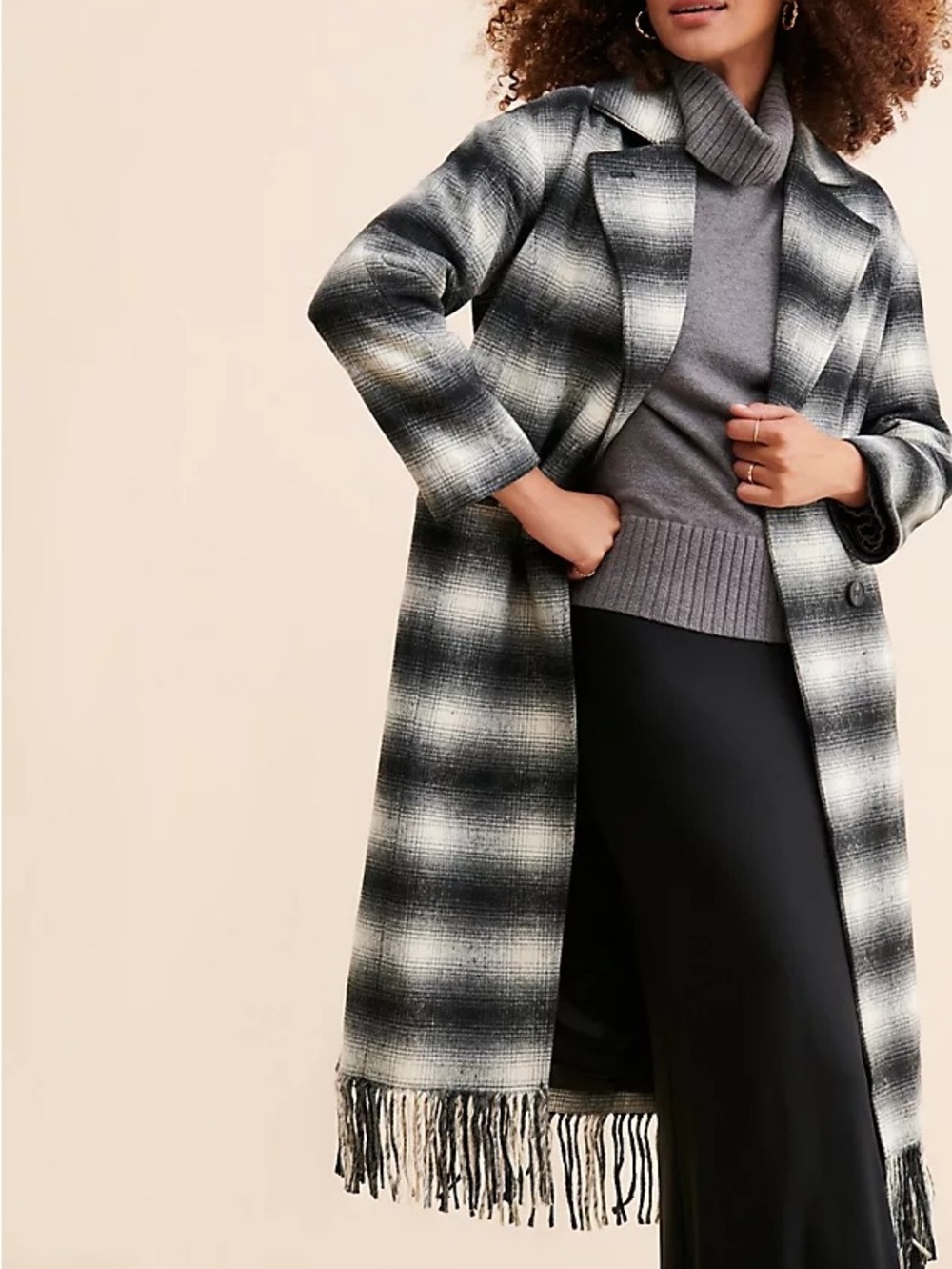 Avec Les Filles Plaid Fringe Hem Coat